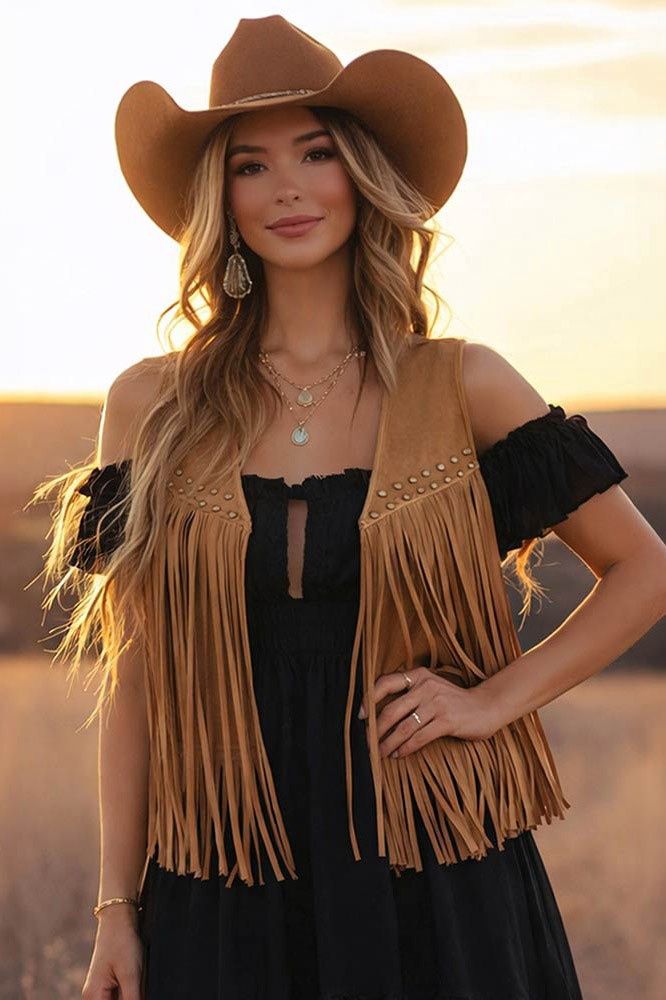 Western Studded Fringe Open Front Vest