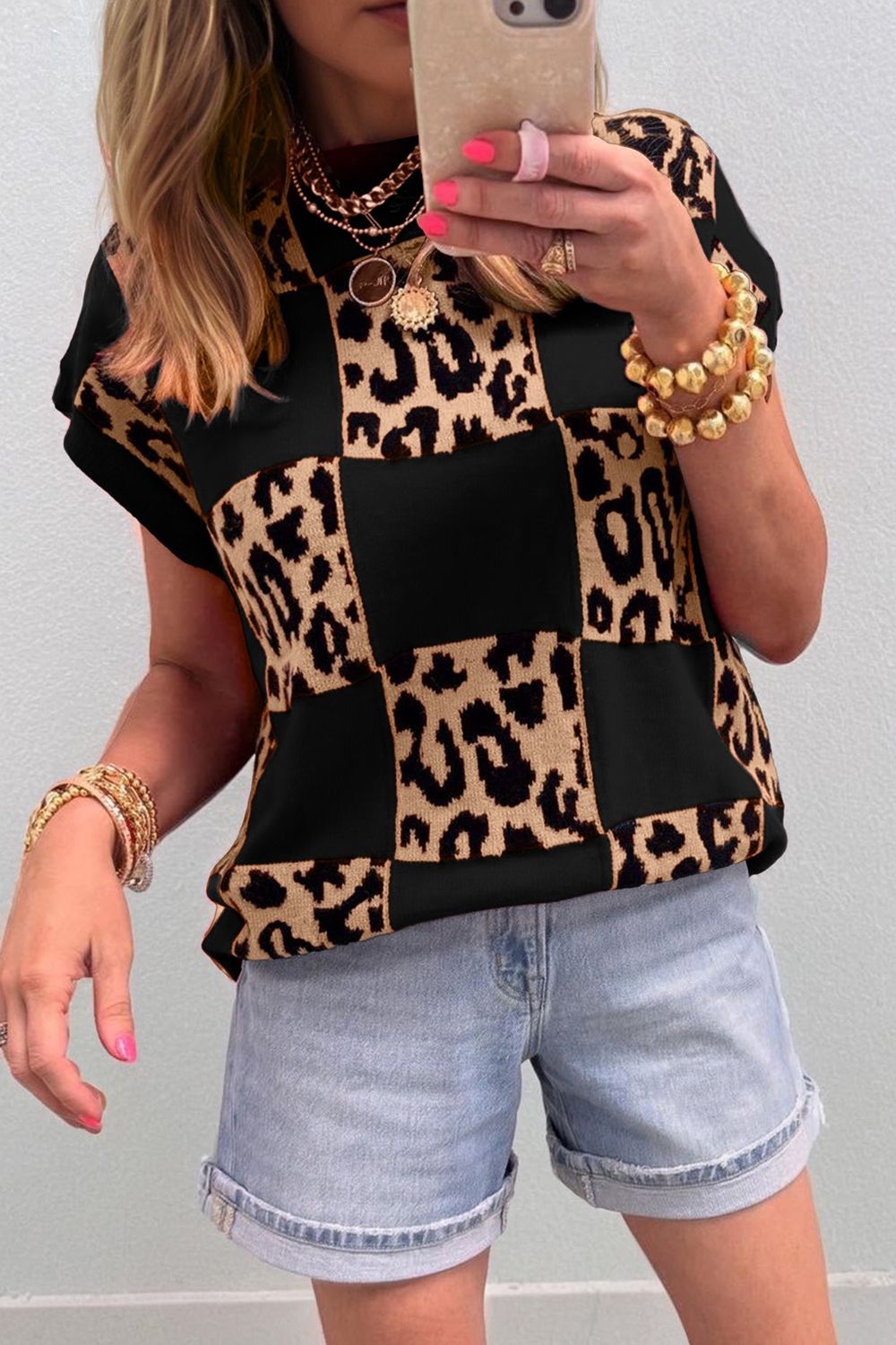 Checkered Knit Sweater Leopard