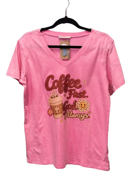 Coffee First God Always Tee With Crystals