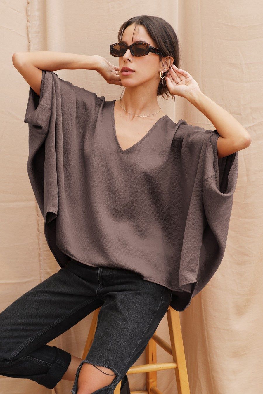 Hammered Satin V-Neck Caftan Top
