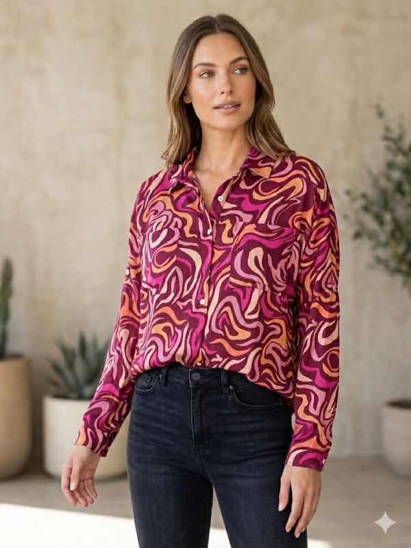 60's Inspired Blouse Long Sleeve Button Down