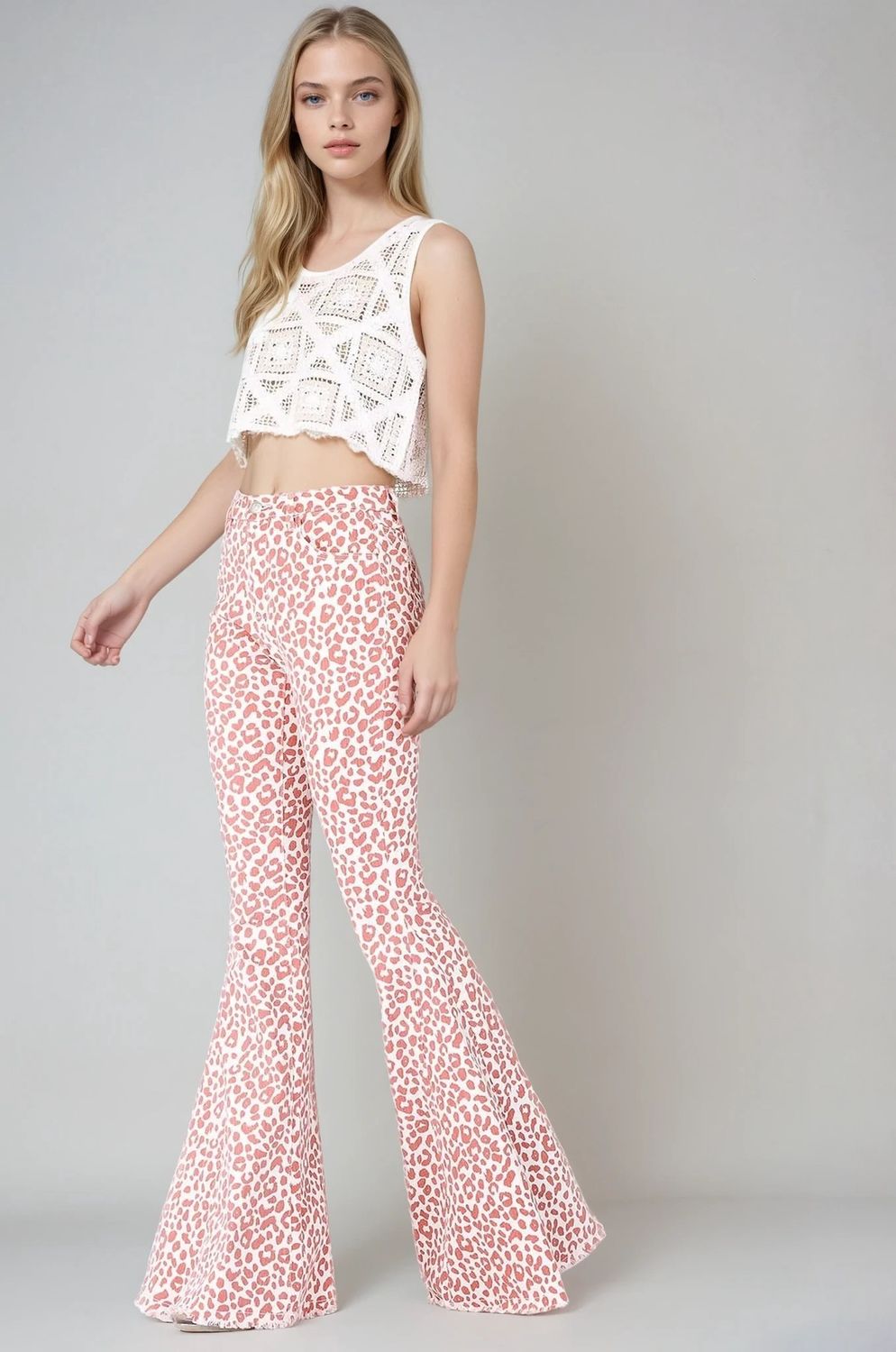 Boho Leopard Print Bell Bottom Pant, Color: Pink, Size: Small