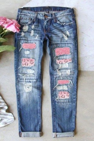 Distressed Skinny Jeans With Pink Leopard Patchwork