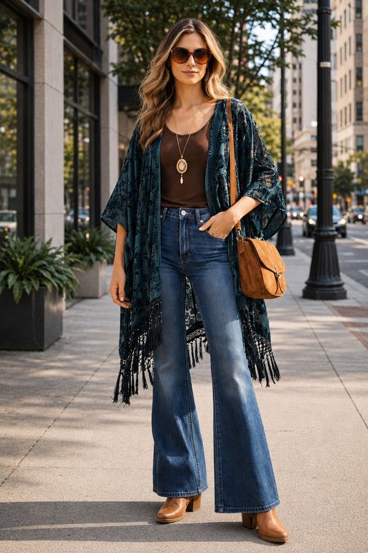 Velvet Burnout Midi Kimono With Tassel Hem