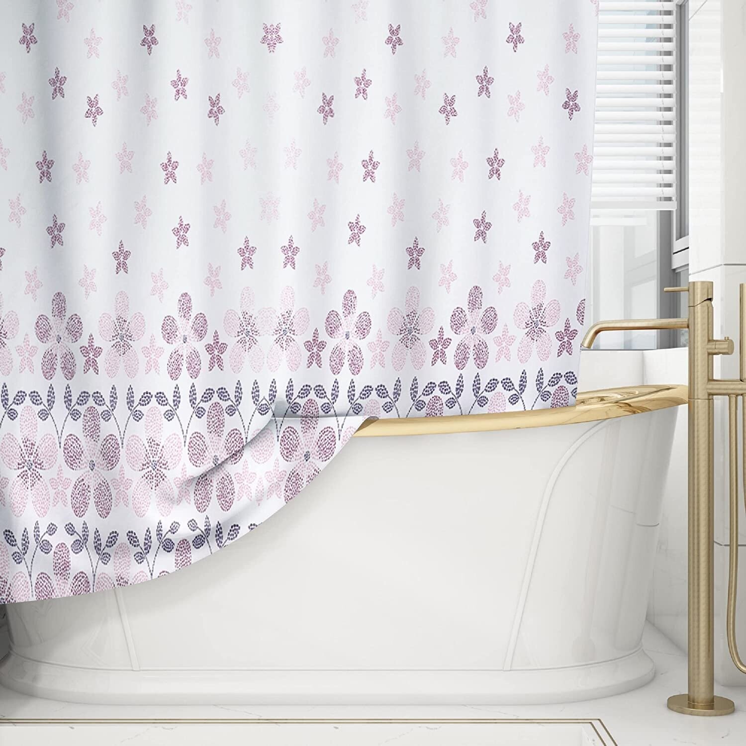 Cortina de baño impermeable y bañera , Resistente al Moho, Anti Moho y Impermeables 100% Polyester Modelo, Flores en Bicolor Rosa
