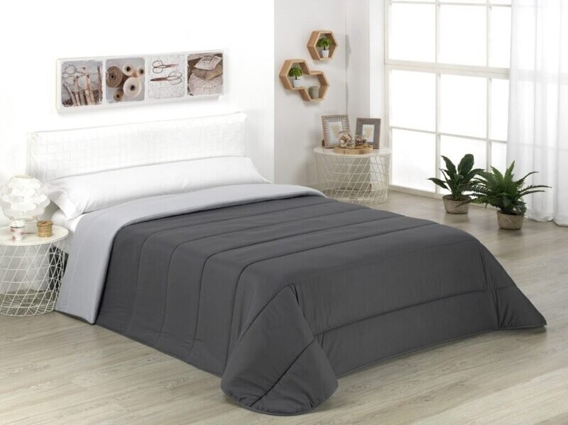 Edredón Nórdico cama reversible 300 gm color Gris Oscuro / Gris claro de fibra hueca virgen siliconada Todo cosido en una sola pieza.