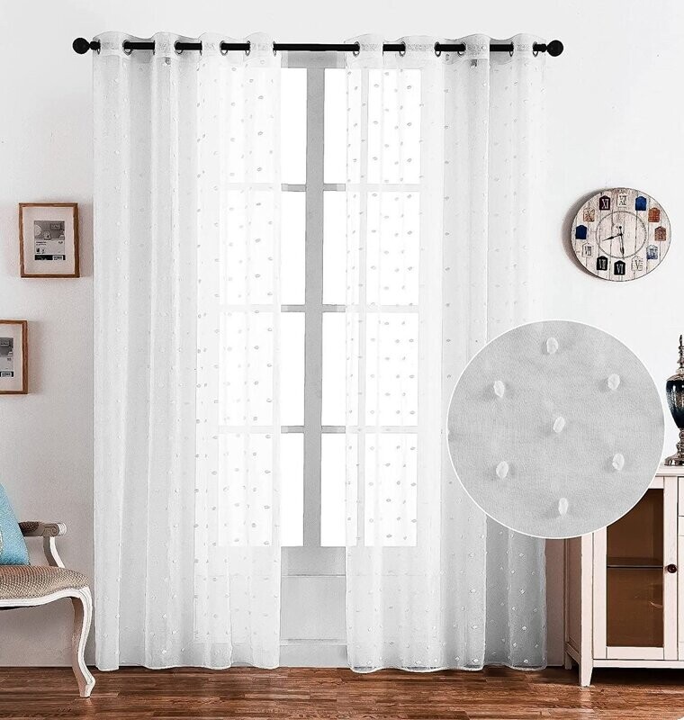 Cortina salón dormitorio visillo translúcida con diseño de pompones en blanco para ventana de medidas 140x260cm.
