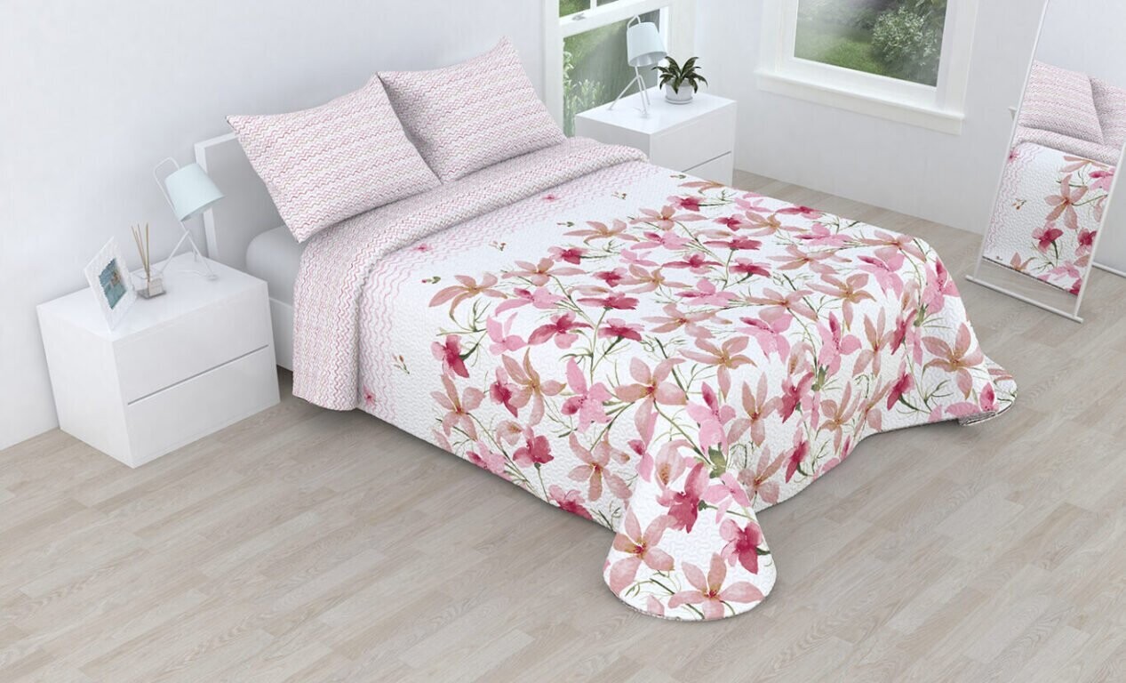 Colcha bouti marca Victorio &amp; Lucchino cosida reversible cubre cama con Fundas 50x70 cm modelo Mayca Color Rosa para primavera / verano / otoño.