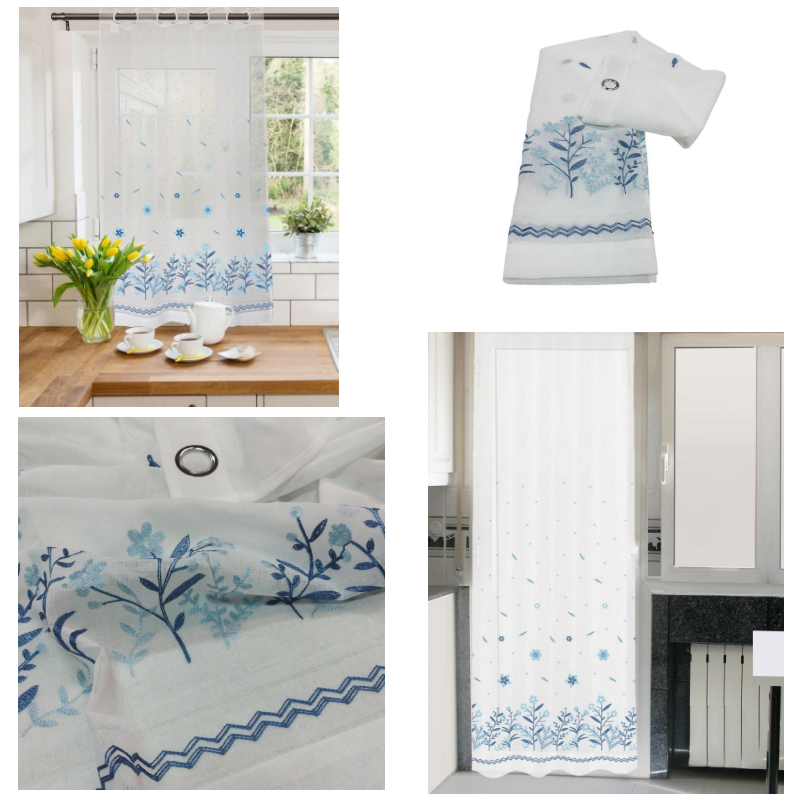 Cortinas de cocina confecionadas lista para corlar Visillos.En ventana y puerta , en azul 2 altura-Ramos de flores.