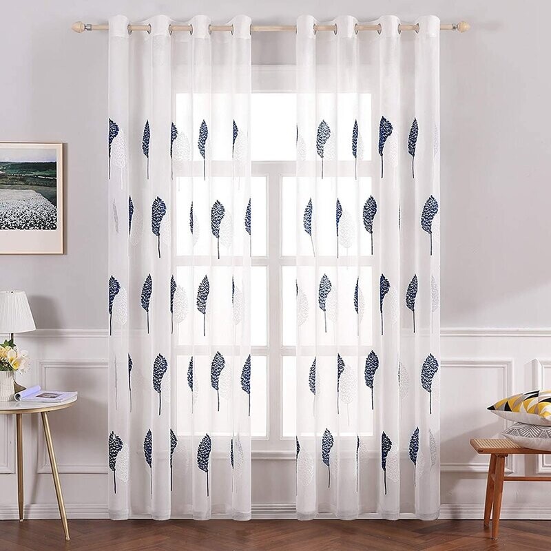 Visillos Bordados diseños Hojas en azul oscuro para salon y habitaciones de 8 Ojales Acero,medidas, 140 x 260 cm.