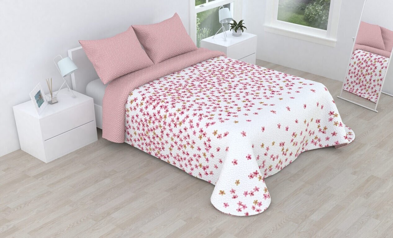 Colcha bouti marca Victorio & Lucchino cosida reversible cubre cama con Fundas 50x70 cm modelo Celia Color Rosa para primavera / verano / otoño