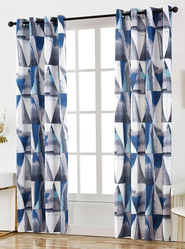 Cortina tela sala, dormitorio ,salón con estampado triangulo juvenil con 8 ollaos de acero color azul..