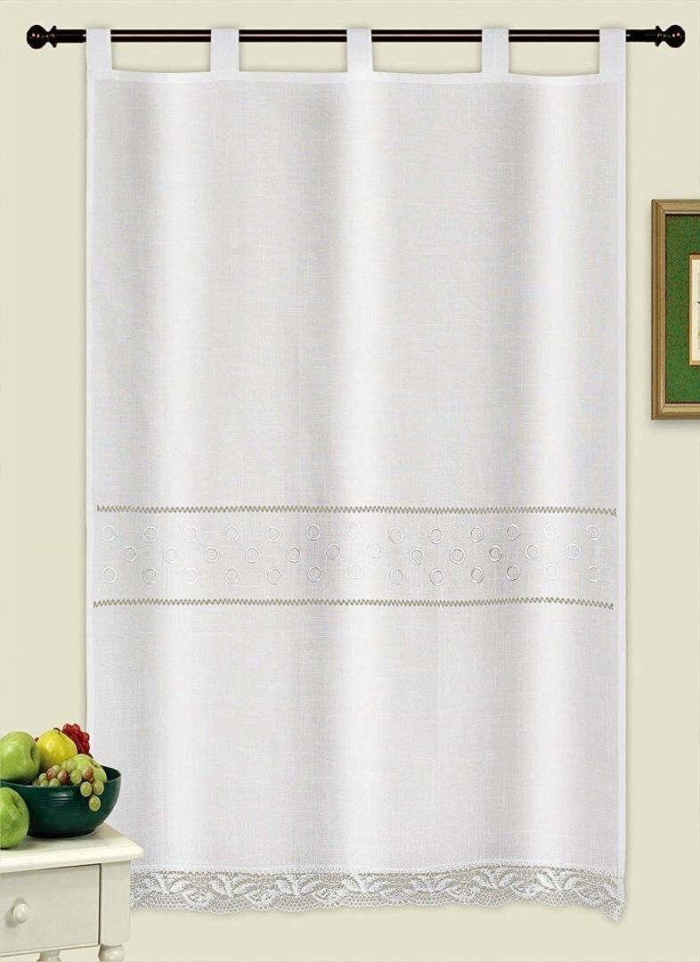 Cortina de baño, cocina y sala cortas Modelo (1040) bordada, clásica de las de toda la vida, Bordados Círculos, máxima calidad y muy duradera.