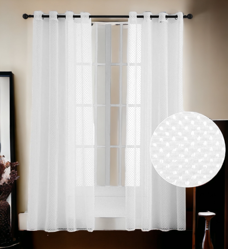 Visillo translúcida sala, dormitorio cortina con diseño de pompones levantados en blanco para ventana de medidas 140x260cm.