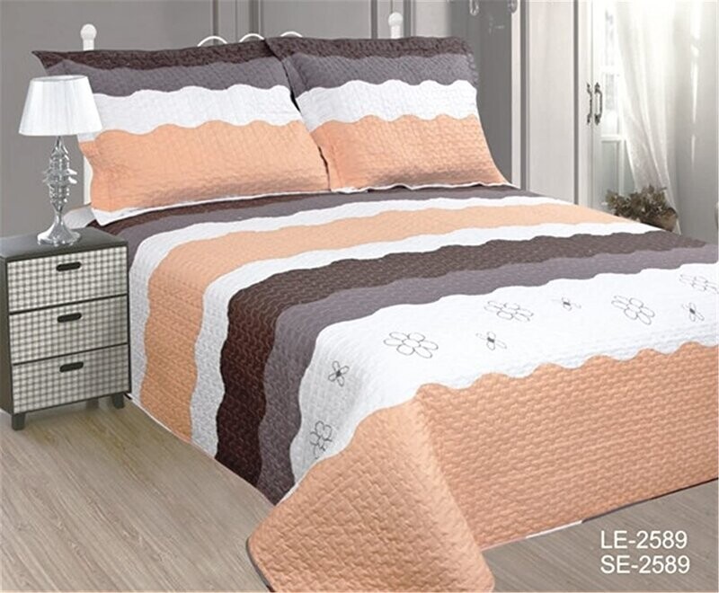 Colcha bouti Cosida reversible, cama 150 cm, tamaño 240 x 260 cm, con fundas de cojin 50x70cm Estampada cosida, Naranja, Chocolate y Blanco.