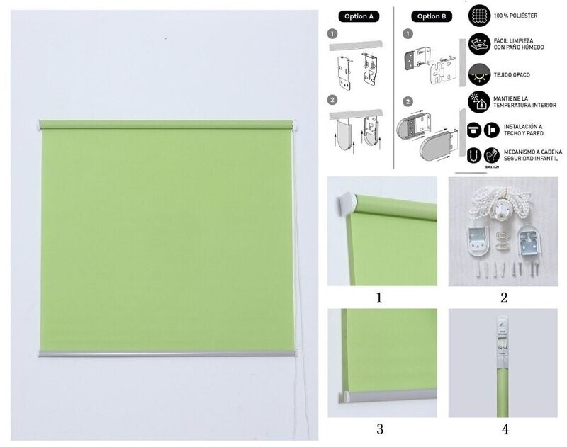 Estor liso Verde enrollable traslucido es muy sencillo tanto en techo como en pared, Para salas, salones, baños, habitaciones, con un alto de 180cm.