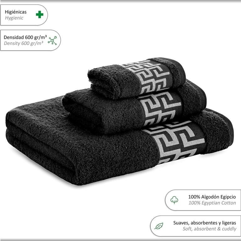 Toallas de baño en Negro, Set 3 Egidio Versace 100% algodón Portugués , Gran absorción,500 g/m2,súper Suave.