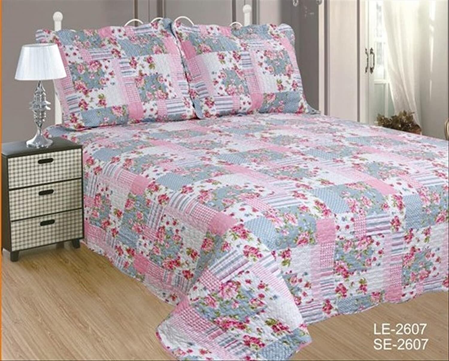 Colcha bouti cubre cama estampada cosida con Fundas de cojin 50-x-70cm para Primavera/Verano/otoño ( 2607)Rosas.