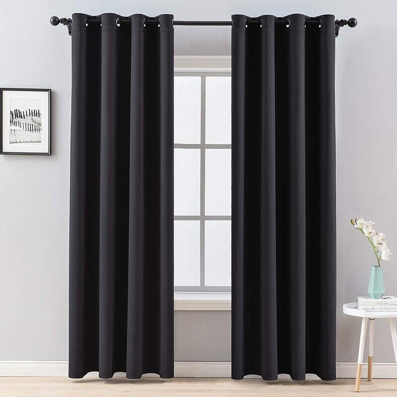 Cortinas opacas lisa color Negro súper suave para ventanas, sala, Dormitorio Salón Habitación con 8 Ojales acero.