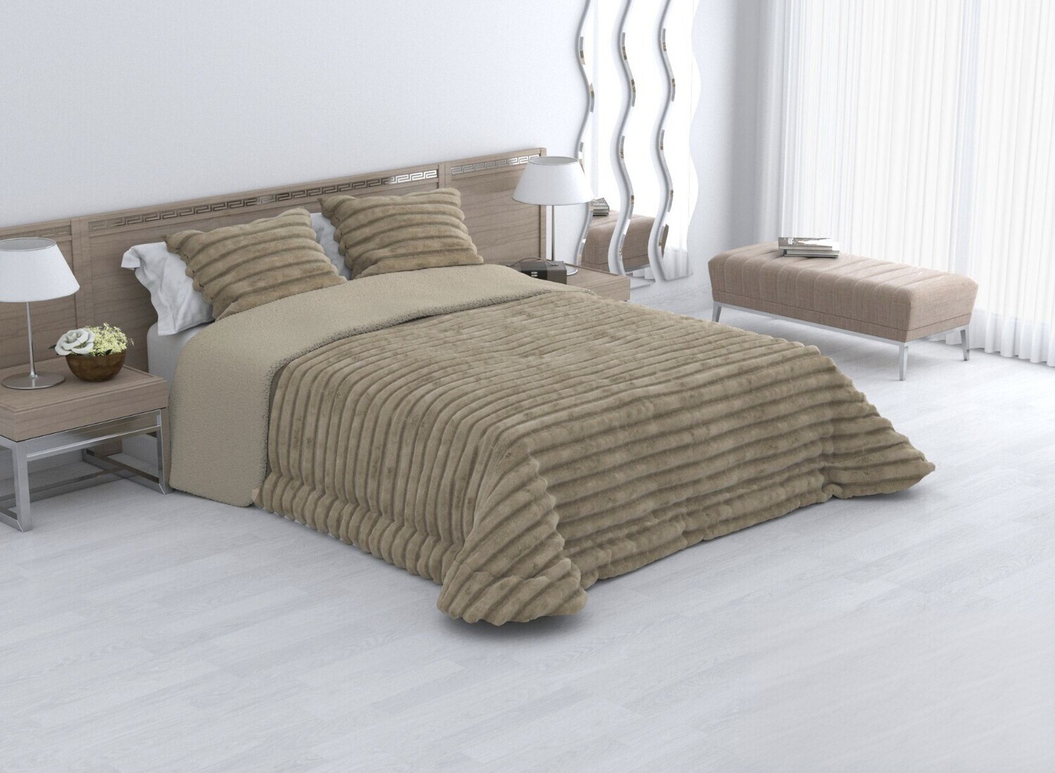 Edredones cama 150 con borreguito color| Sedalina &amp; Borreguillo | extra grueso de +700gr/m2 - Térmico invierno + Cuadrantes Regalo | Rayas en Taupe.