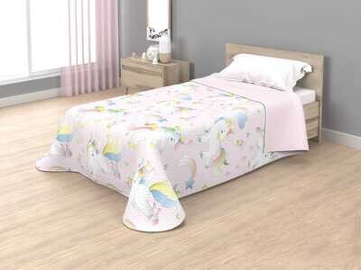 Colcha de cama Juvenil Reversible Estampada - Diseño Unicornio stars - Para 90cm y 105cm - Económica.