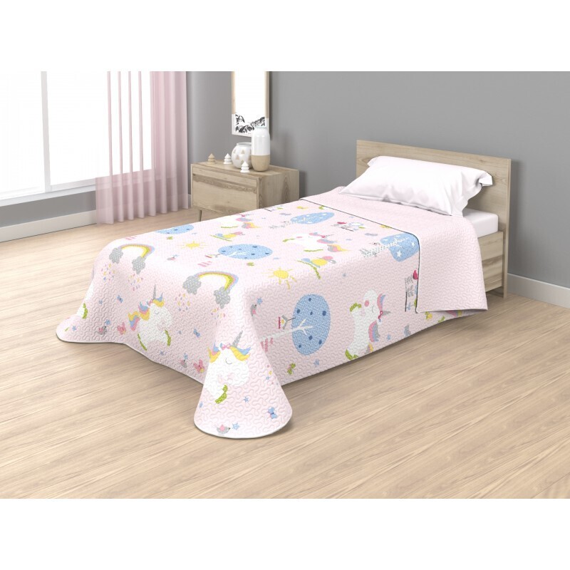 Colcha de cama Juvenil Reversible Estampada - Diseño Unicornio - Para 90cm y 105cm - Económica.
