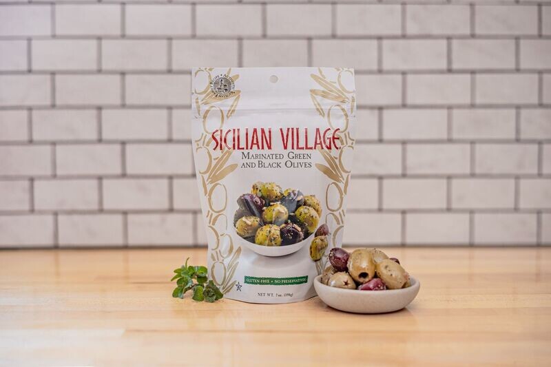 Sicilian Village Marinated Sicilian Green and Black Olives