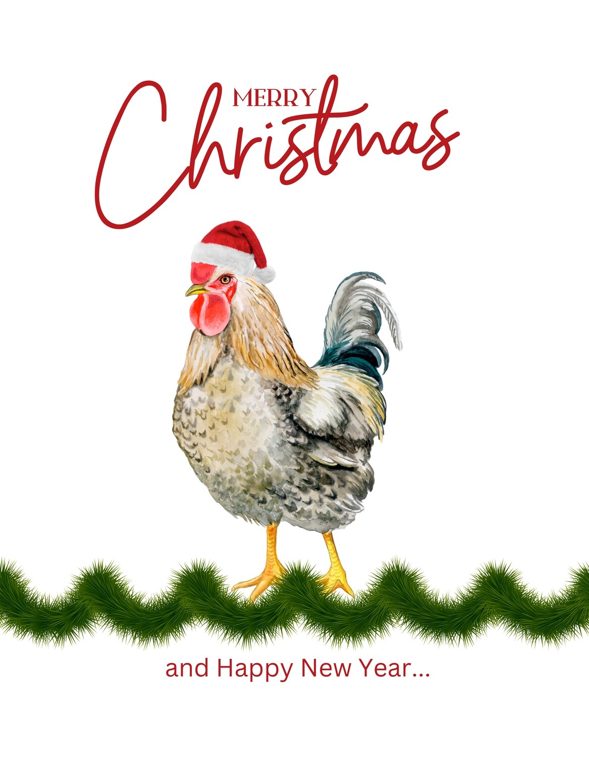 Merry Christmas and Happy New Year - Chicken/Rooster - Green curl garland