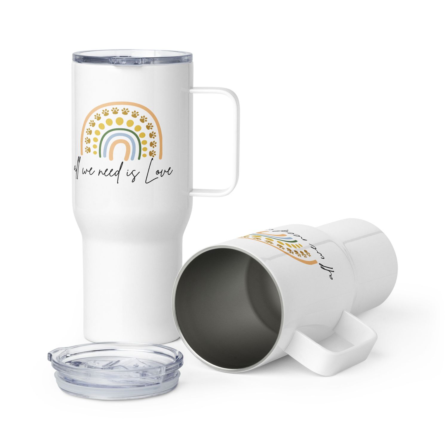 All We Need Is Love - Paw Prints Rainbow White Travel mug with a handle