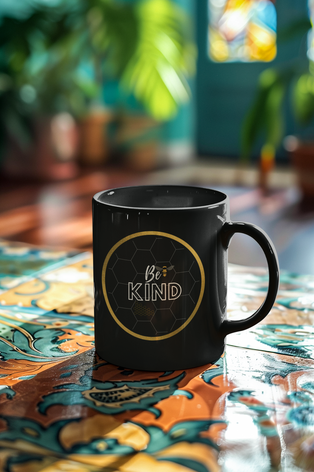 Be Kind - Bee Honeycomb Black Glossy Mug
