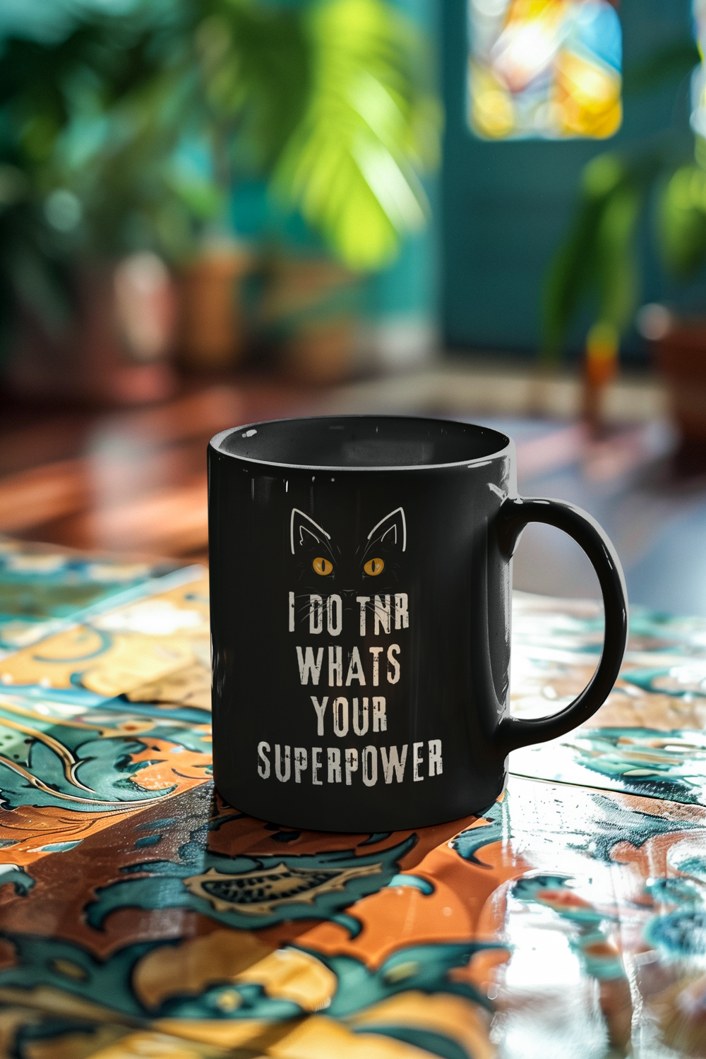 I TNR What's Your Superpower - cat yellow eyes - Black Glossy Mug