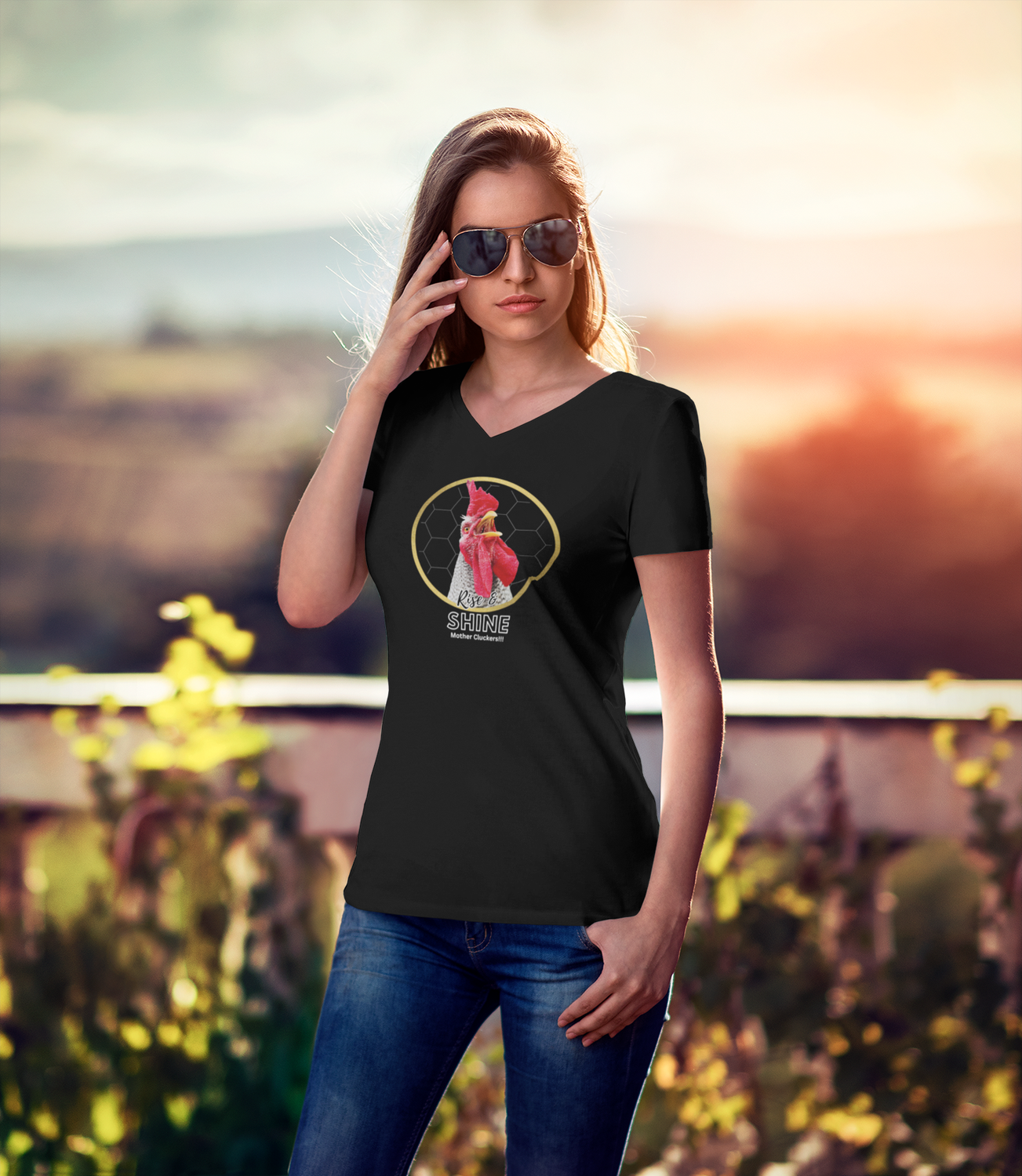 Women's - V-Neck-  Rise and Shine Mother Cluckers