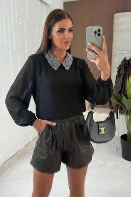 Blouse voile col strass noir