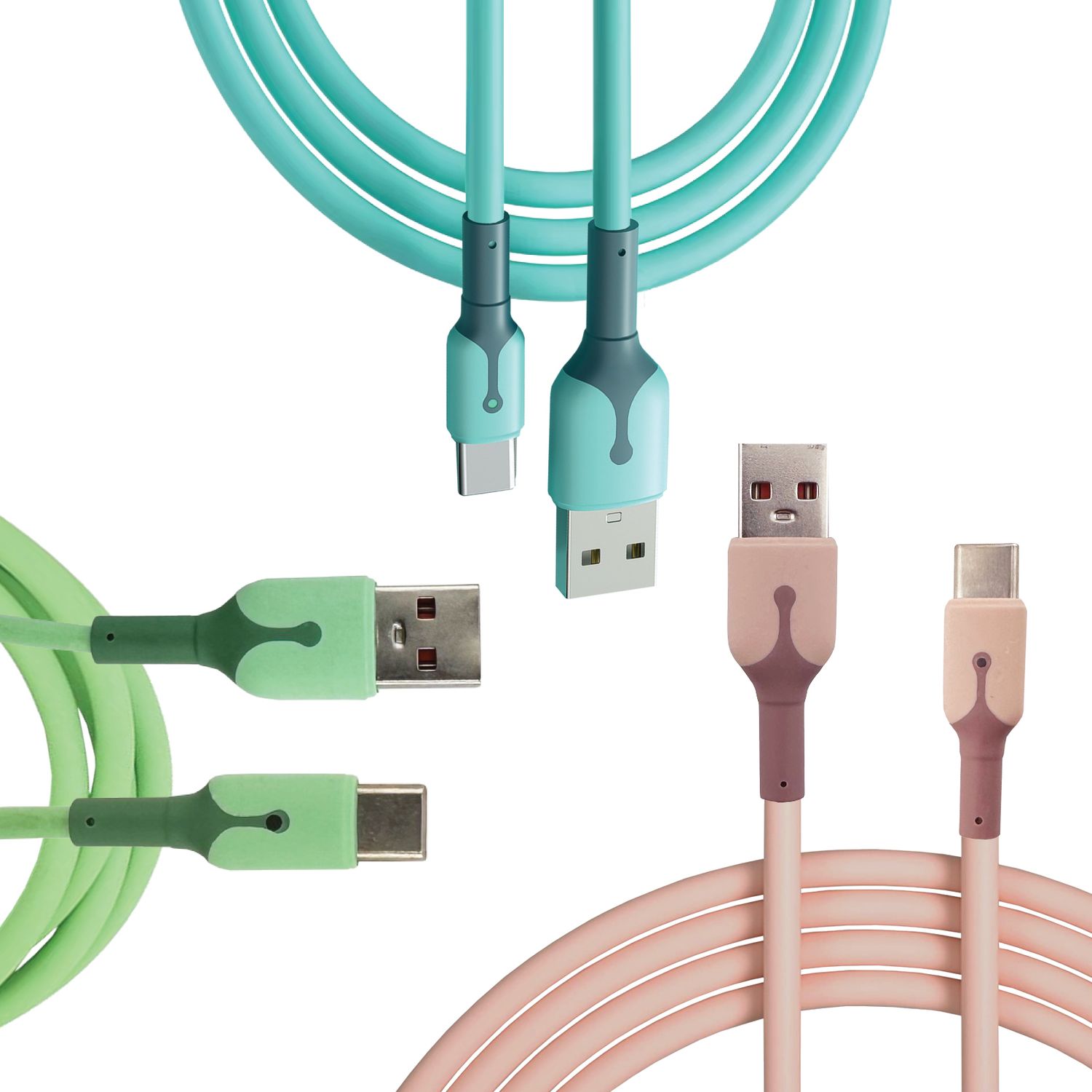 USB A-C Turquoise- Dusty Pink and Green data cables