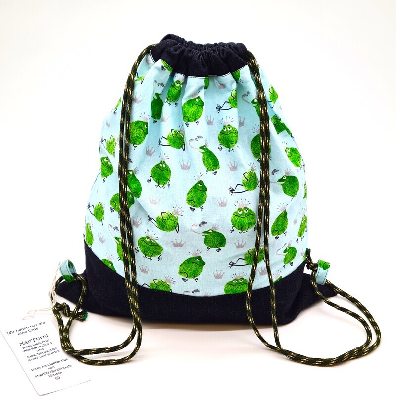 Turnbeutel, XanTurni, Schule, Sportunterricht, Sporttasche, Kinder, Frösche, hellblau, grün, schwarz, Handgemacht, Upcycling