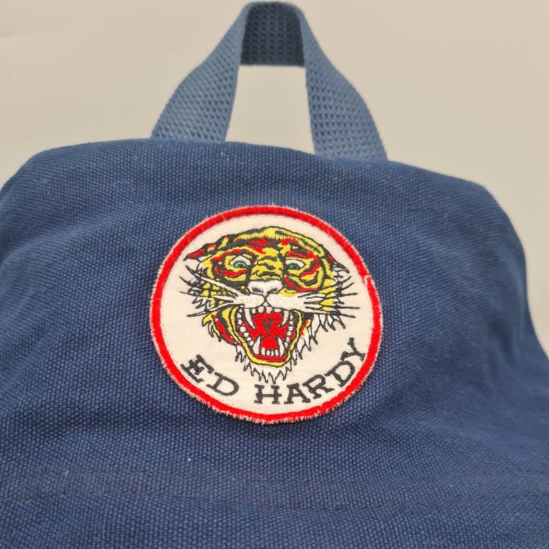 Ed Hardy Vintage Rucksack – Y2K Backpack Blau Bulldogge Krone Strass
