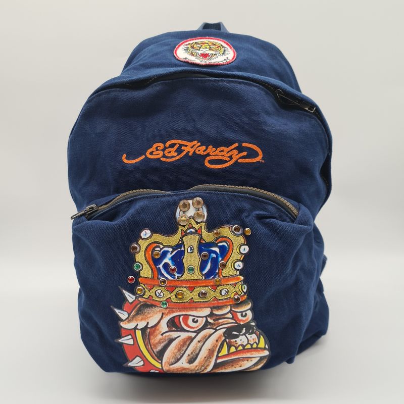 Ed Hardy Vintage Rucksack – Y2K Backpack Blau Bulldogge Krone Strass