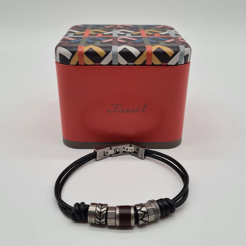 Fossil Unisex Lederarmband (Modell JF84196040) mit Edelstahl und Holz Elementen