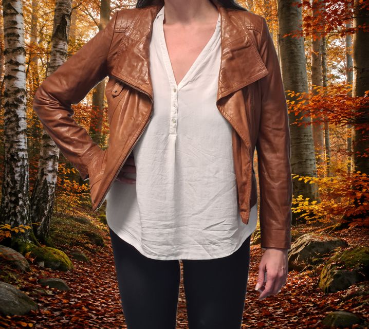 Damen Bikerjacke aus echtem Leder – Cognacbraun von Drykorn Model MOLD in Größe 36