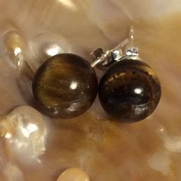African Tiger's Eye 10mm Round Genuine Gem  .925 Silver Stud
