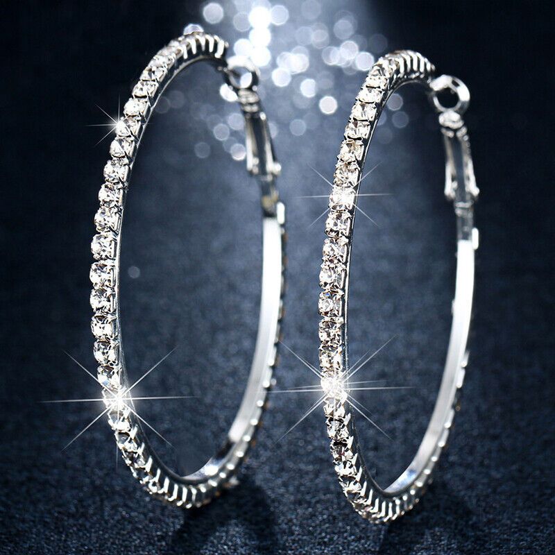 Crystal Rhinestone 925 Silver Medium Hoop