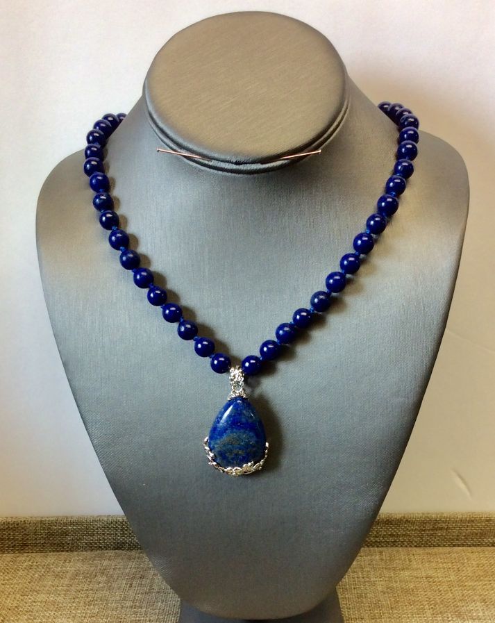 Natural Blue Lapis Lazuli Drop Pendant 8mm Gemstone Necklace 18"