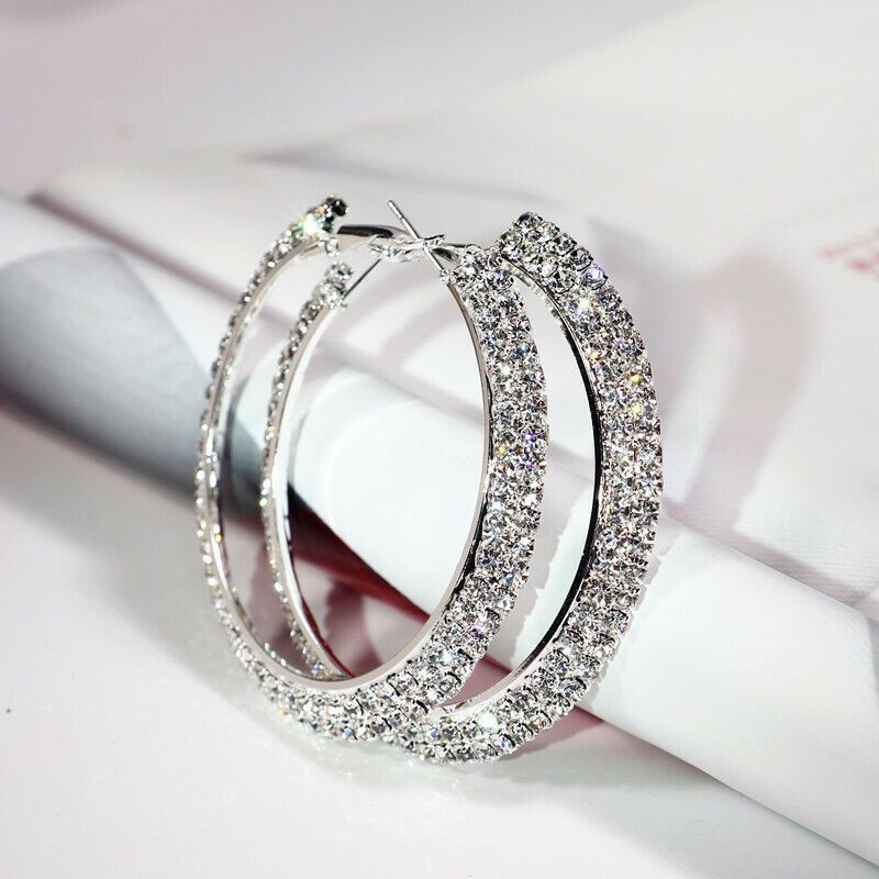 Hoop Earrings 925 Sterling Silver Cubic Zirconia  Lg. 1 3/4"