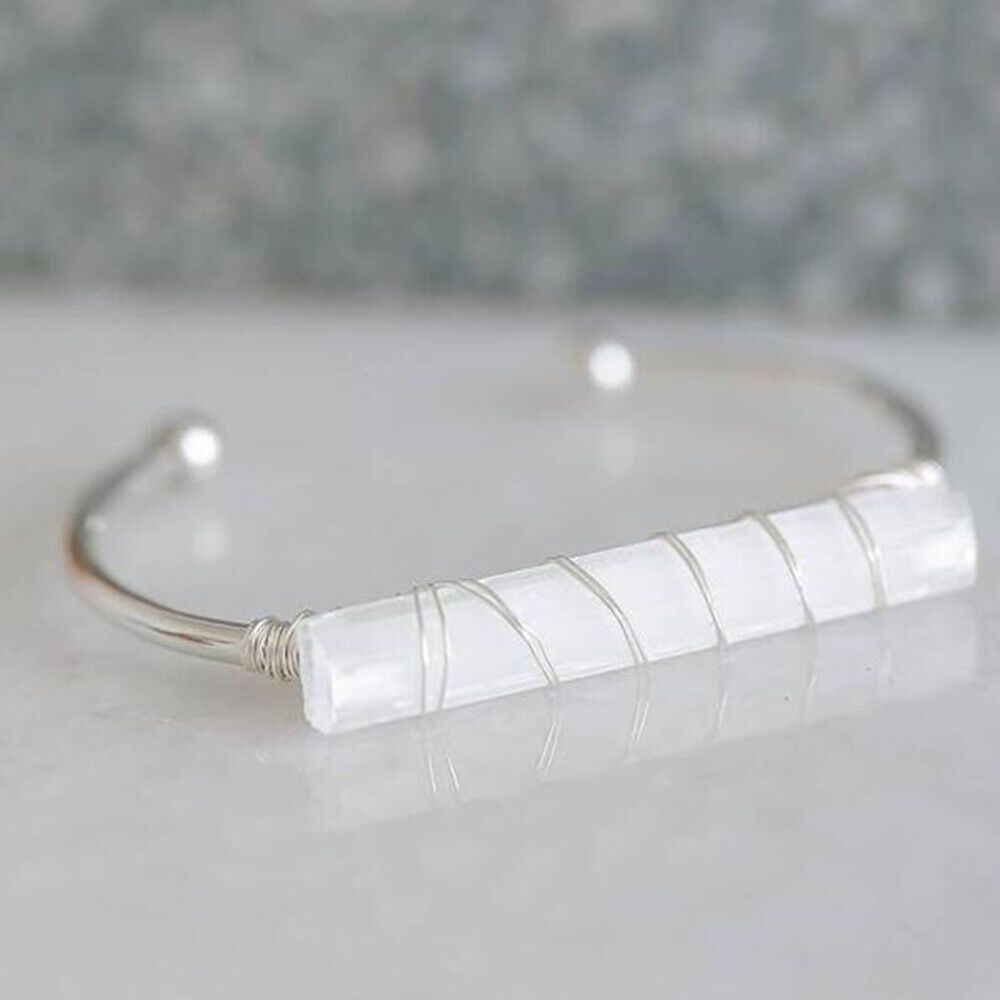 Selenite Crystal Silver Bangle Healing Stone Wire