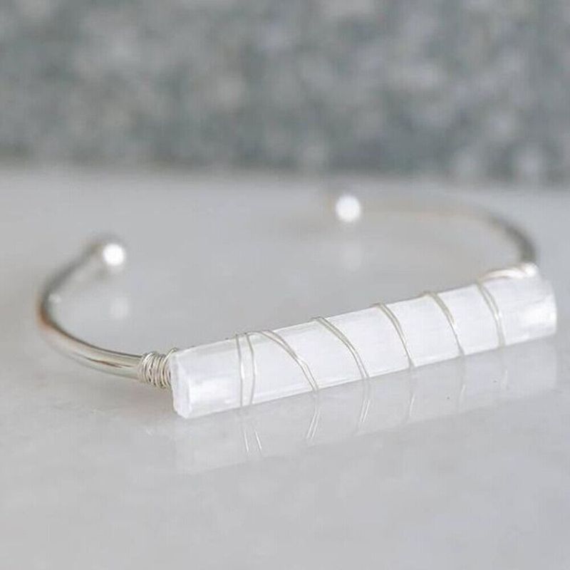 Selenite Crystal Silver Bangle Healing Stone Wire