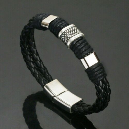 Black Leather Titanium Steel Magnetic Bracelet