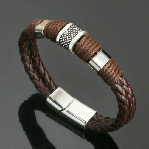 Brown Leather Titanium Steel Magnetic Bracelet