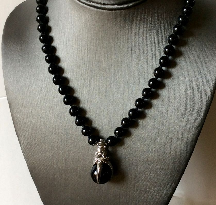Natural 8mm Black Agate Onyx Gemstone Pendant Necklace 18''