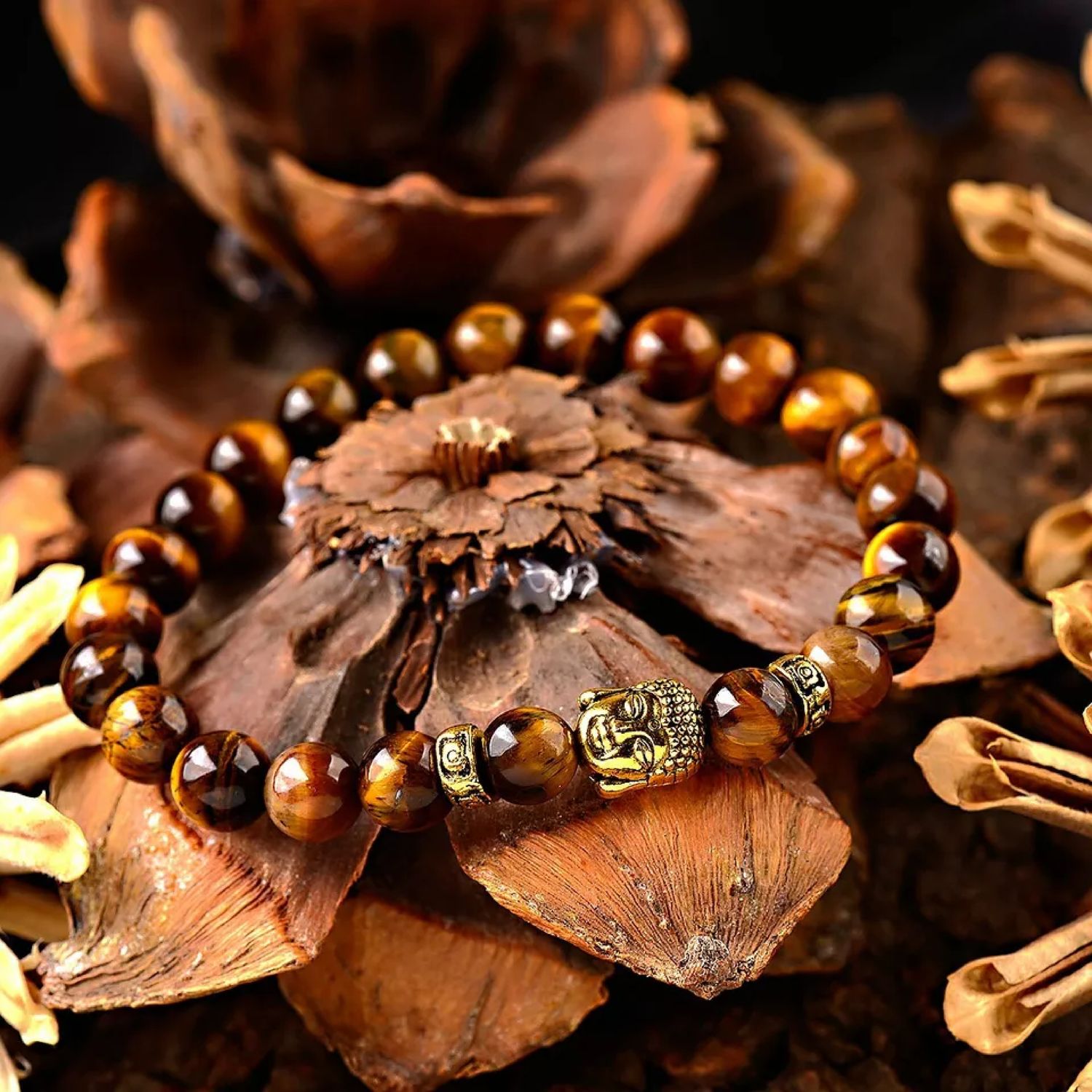 Natural Tiger Eye 8mm Beads Buddha Head Women/Men Yoga Energy
