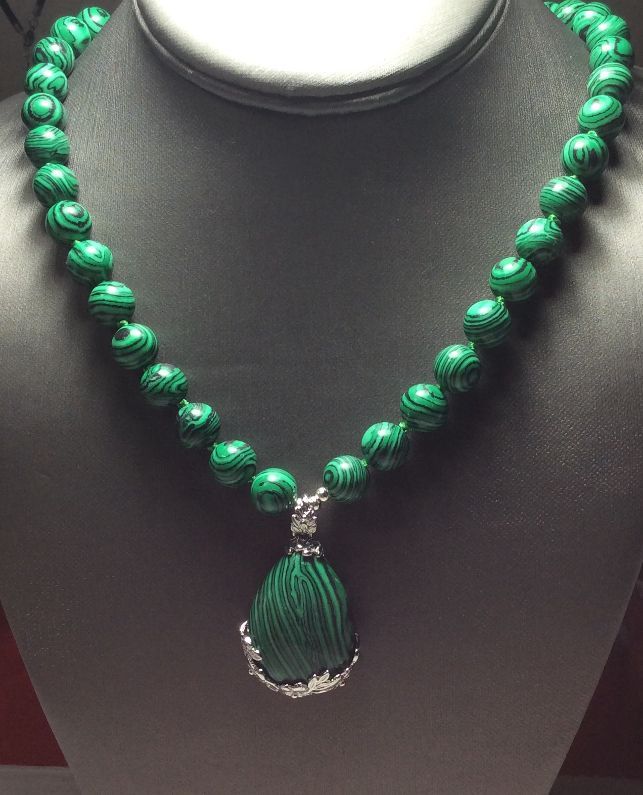 Natural 10mm Green Malachite Gemstone Pendant Necklace 18''